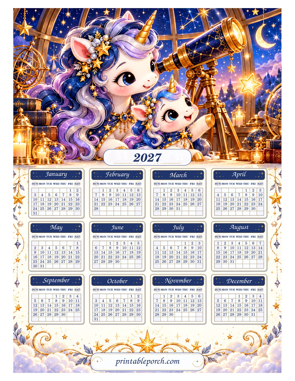 Unicorn 2027 Yearly Calendar - Starlit Observatory