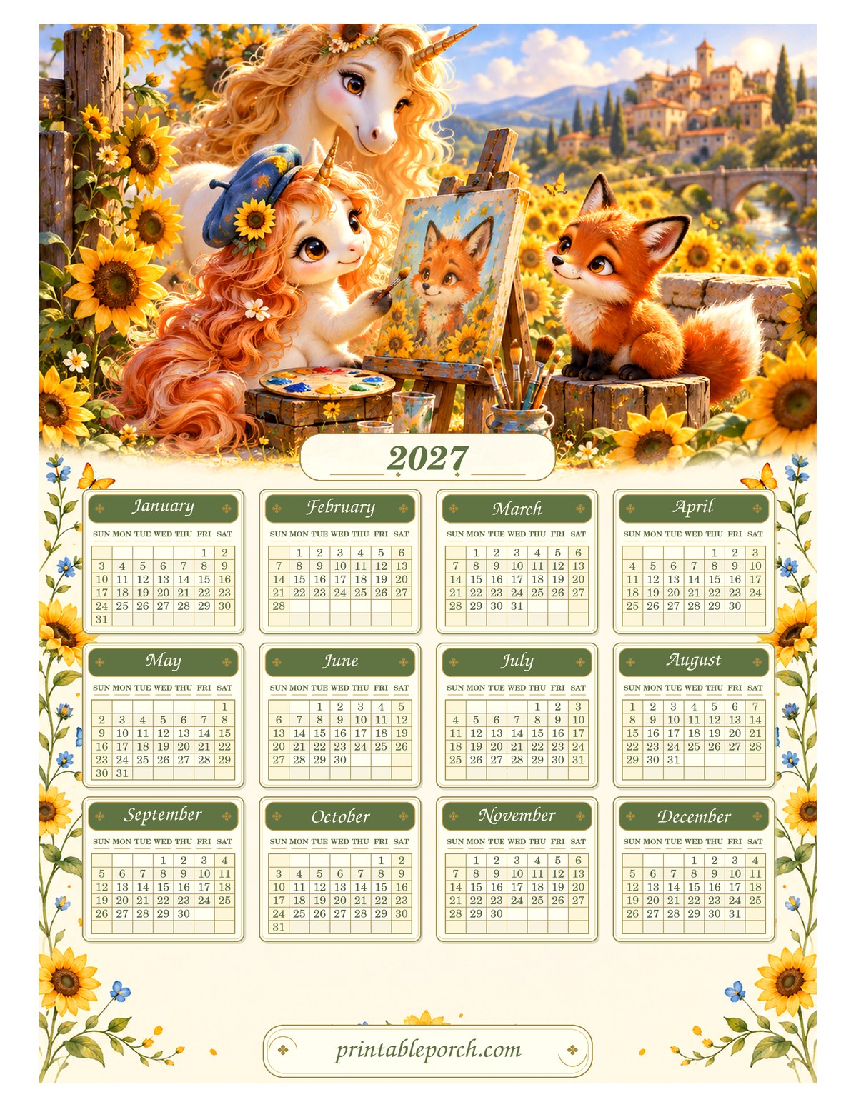 Unicorn 2027 Yearly Calendar - Sunflower Painter