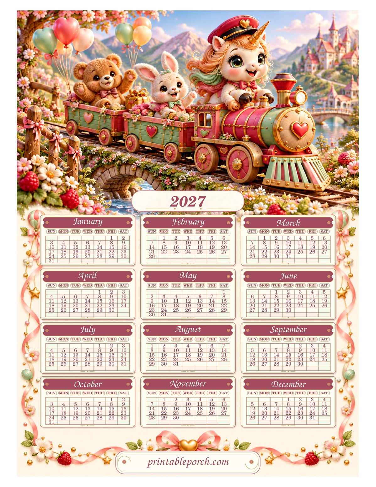 Unicorn 2027 Yearly Calendar - Teddy Train