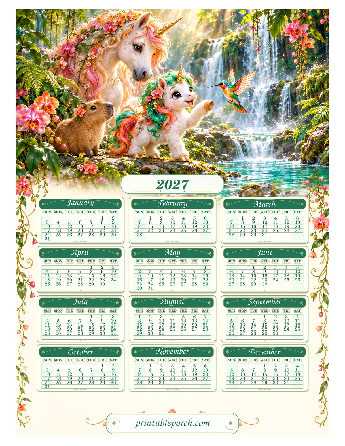Unicorn 2027 Yearly Calendar - Waterfall Friends