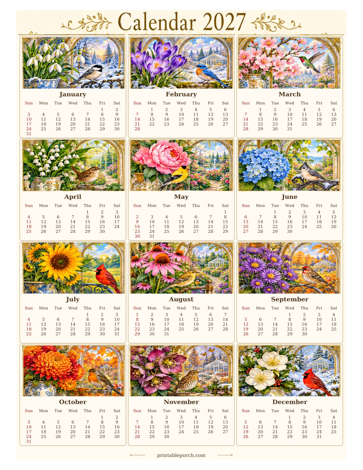 Vintage Calendar 2027 2027 Yearly Calendar - Birds and Blooms