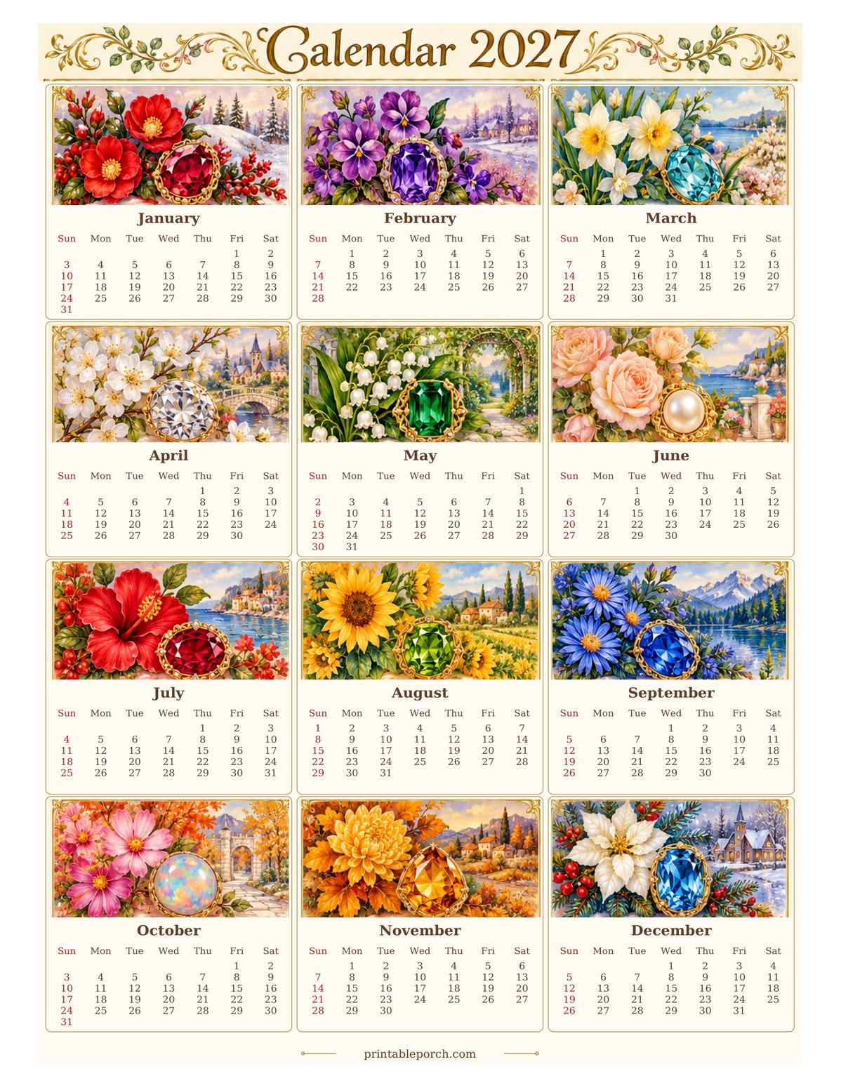 Vintage Calendar 2027 2027 Yearly Calendar - Birthstone Blooms