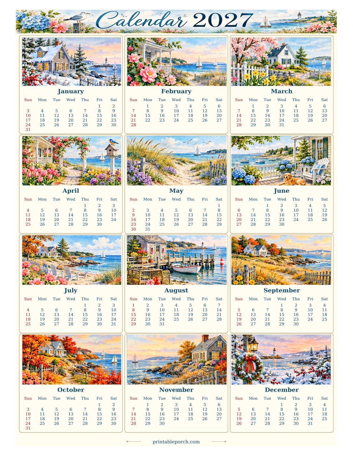 Vintage Calendar 2027 2027 Yearly Calendar - Coastal Cottage