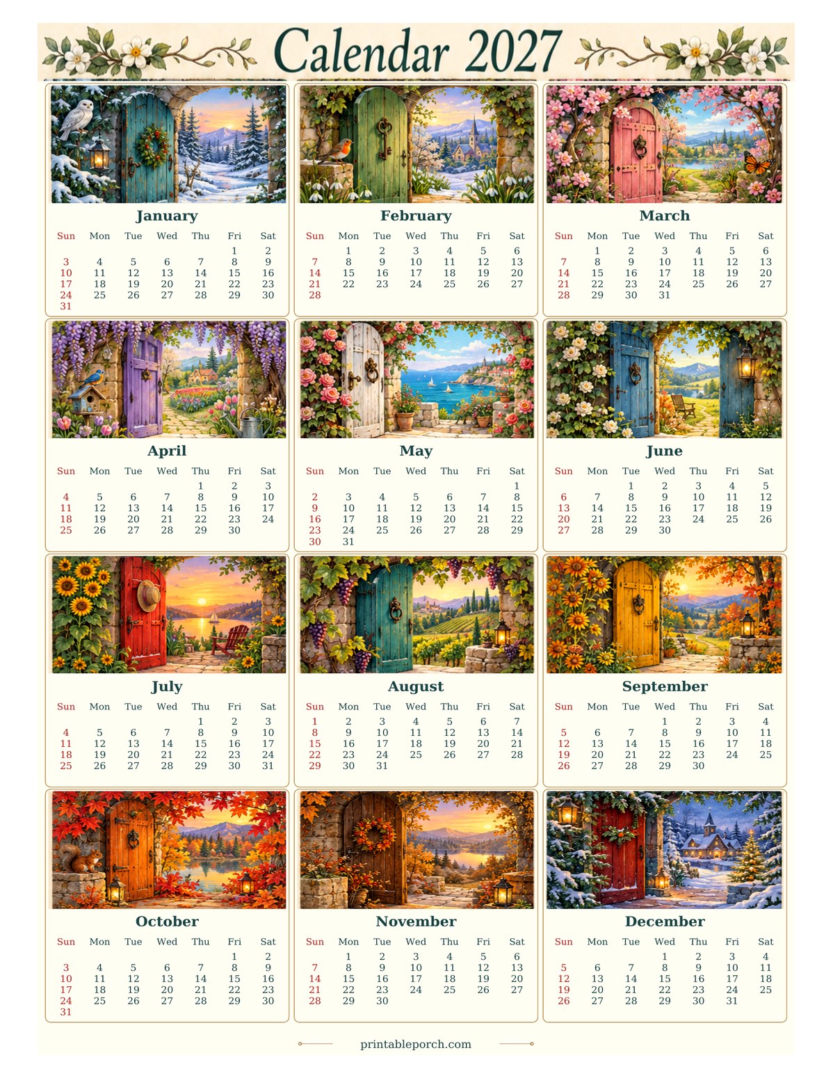 Vintage Calendar 2027 2027 Yearly Calendar - Doors to Magical Gardens