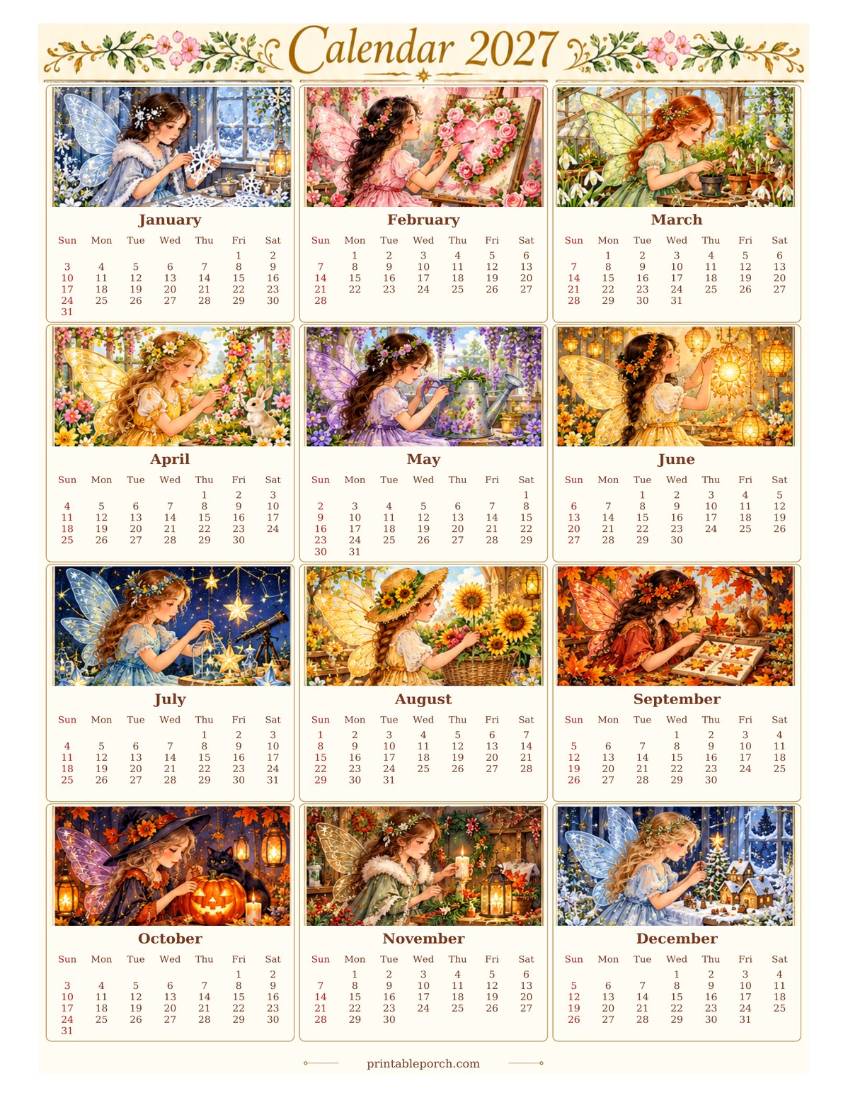 Vintage Calendar 2027 2027 Yearly Calendar - Fairy Workshop