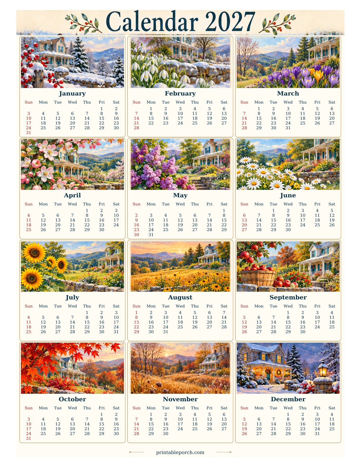 Vintage Calendar 2027 2027 Yearly Calendar - Farmhouse Year