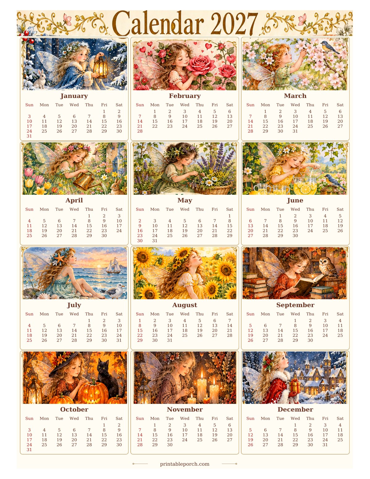 Vintage Calendar 2027 2027 Yearly Calendar - Flower Fairy Year