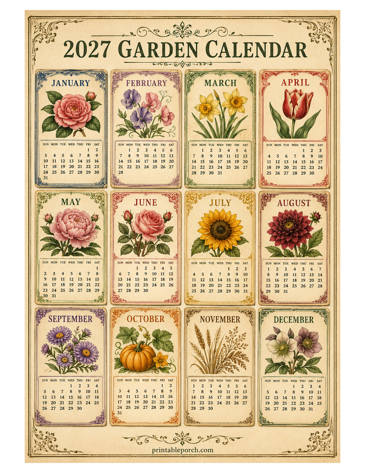 Vintage Garden 2027 Yearly Calendar