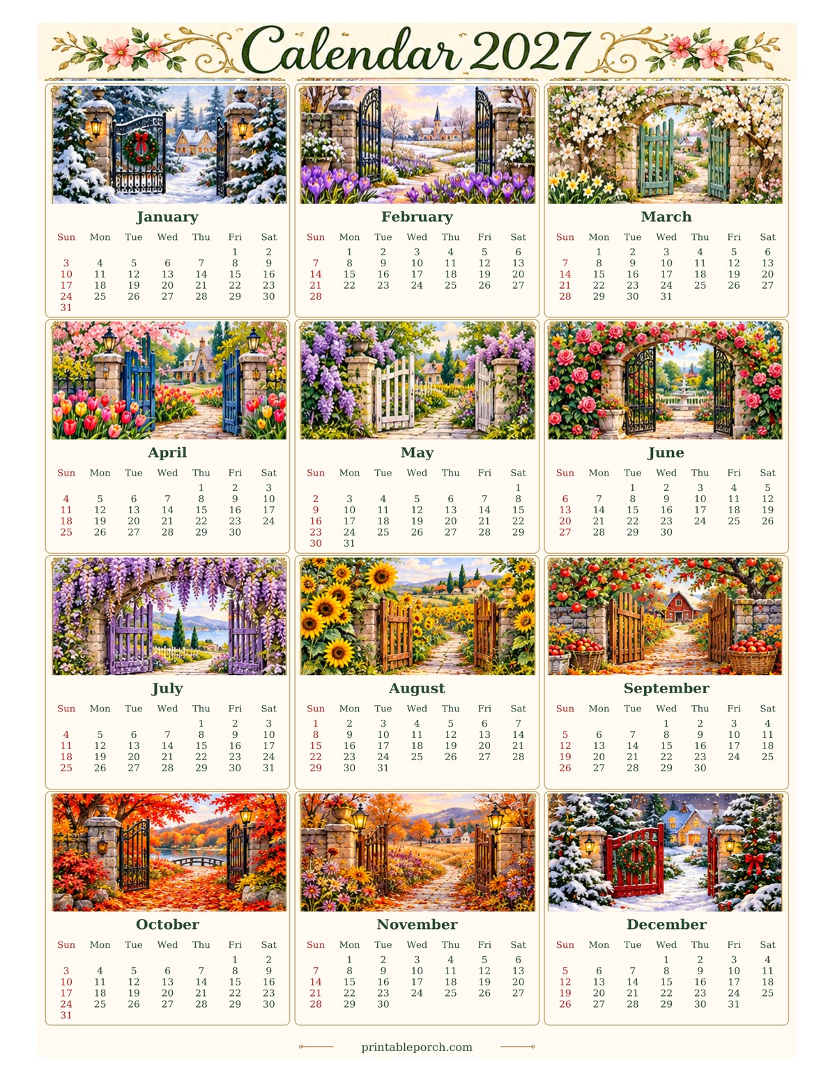 Vintage Calendar 2027 2027 Yearly Calendar - Gates to Twelve Gardens