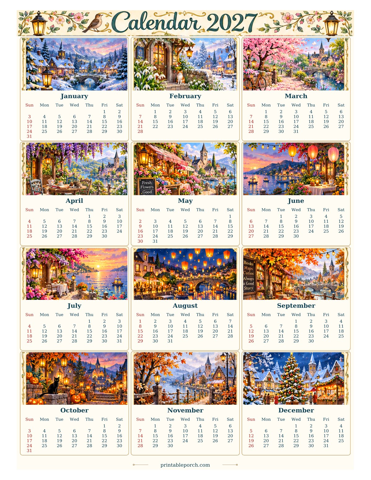 Vintage Calendar 2027 2027 Yearly Calendar - Lantern Village