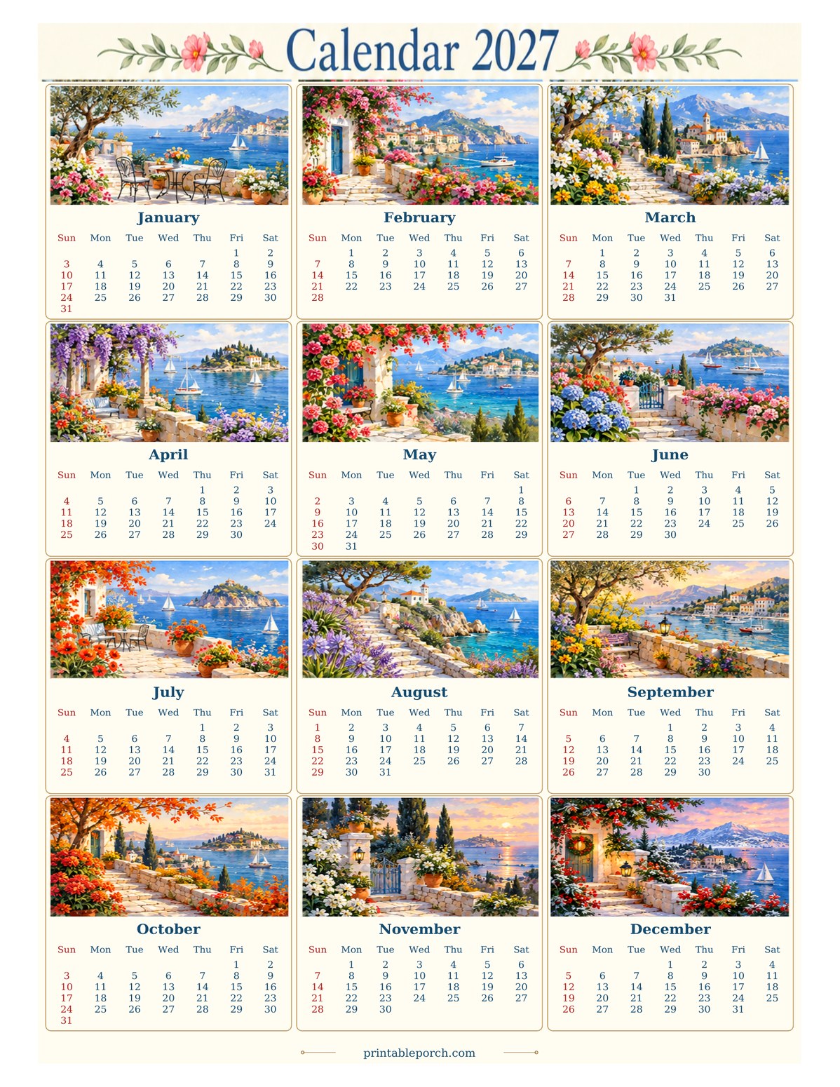 Vintage Calendar 2027 2027 Yearly Calendar - Mediterranean Terrace