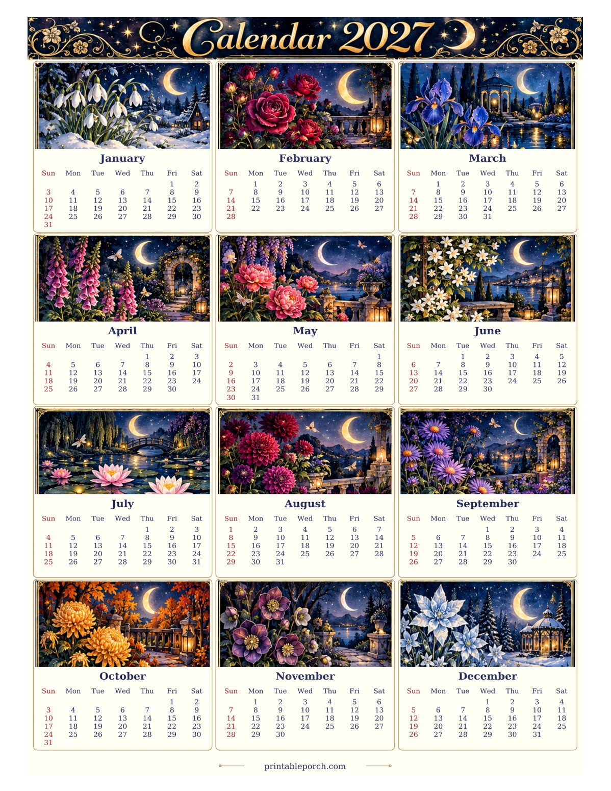 Vintage Calendar 2027 2027 Yearly Calendar - Moonlit Garden