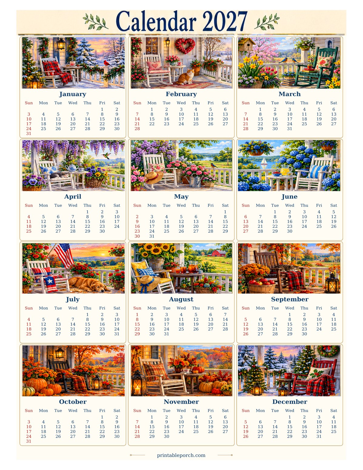 Vintage Calendar 2027 2027 Yearly Calendar - Porch Through the Seasons