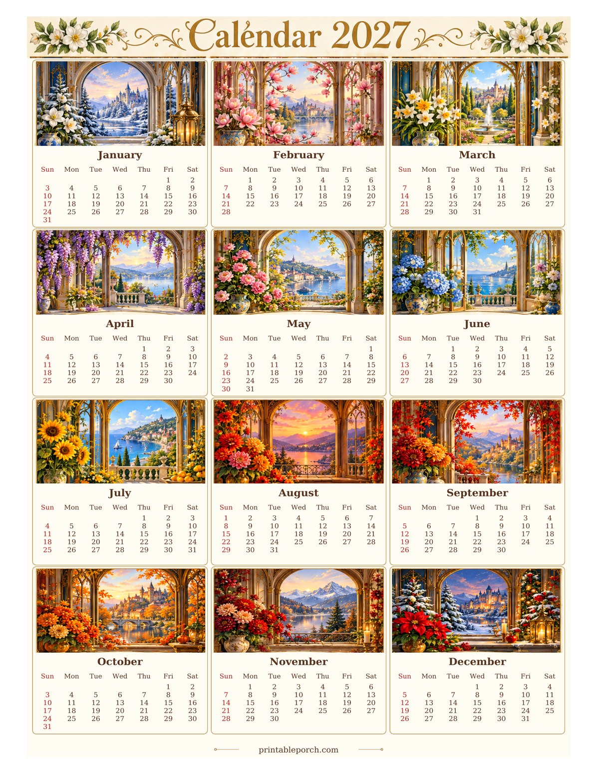 Vintage Calendar 2027 2027 Yearly Calendar - Royal Floral Windows