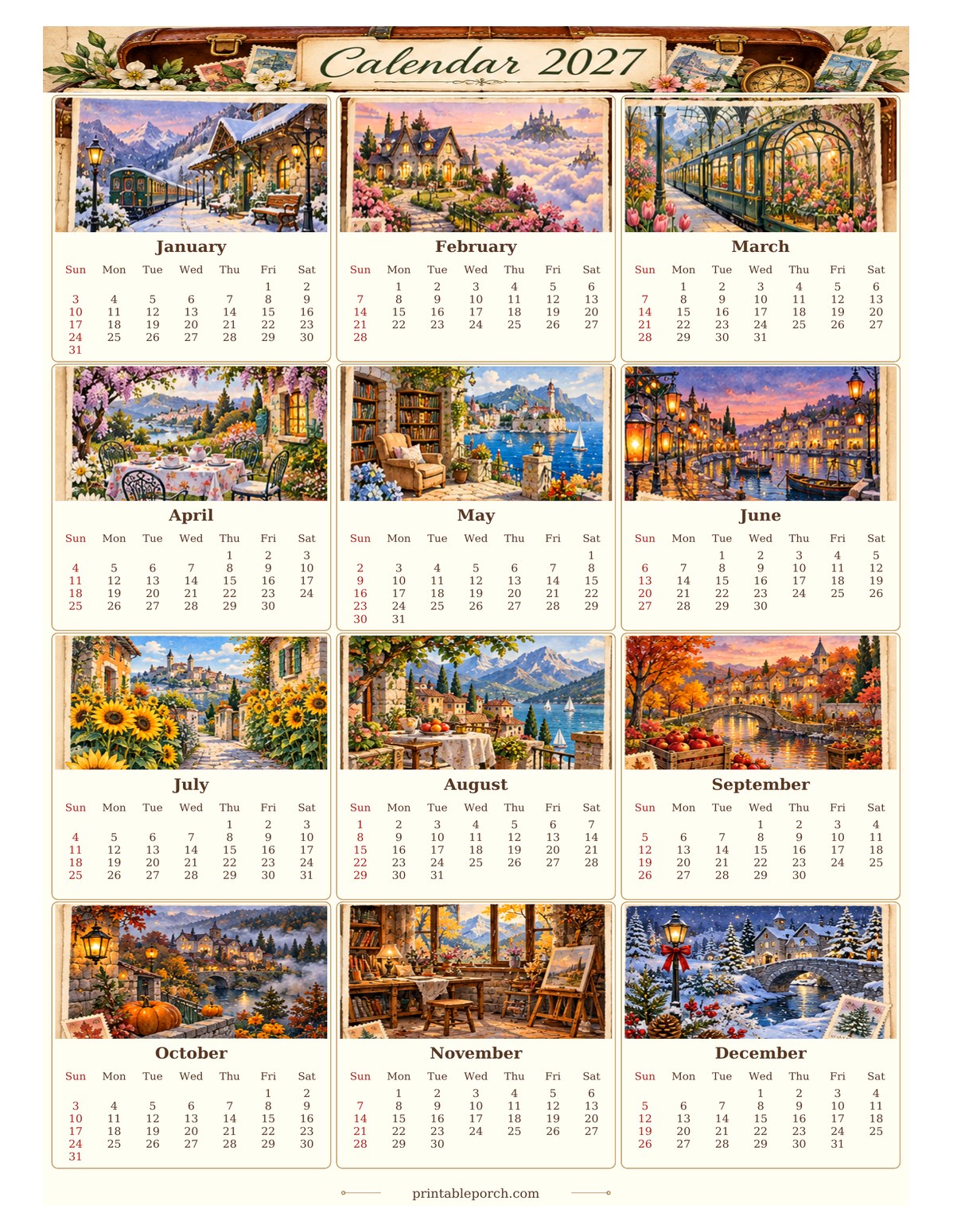 Vintage Calendar 2027 2027 Yearly Calendar - Suitcase of Postcards
