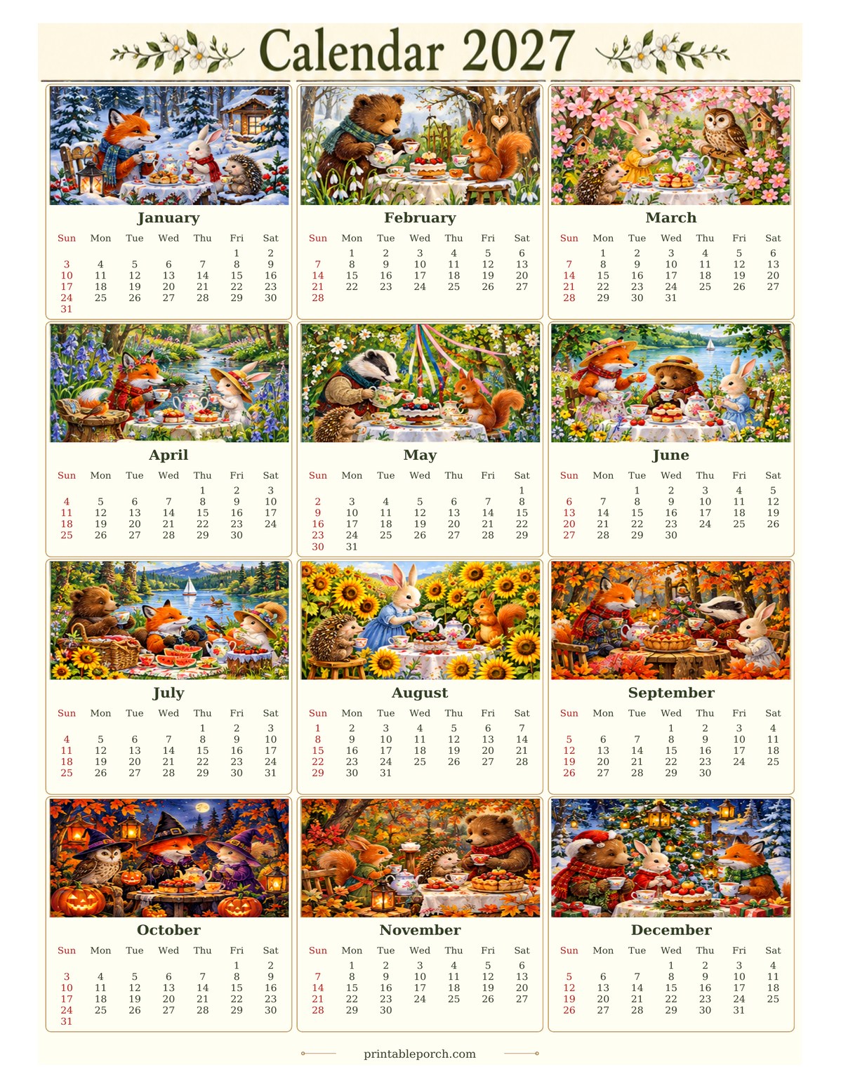 Vintage Calendar 2027 2027 Yearly Calendar - Woodland Tea Party