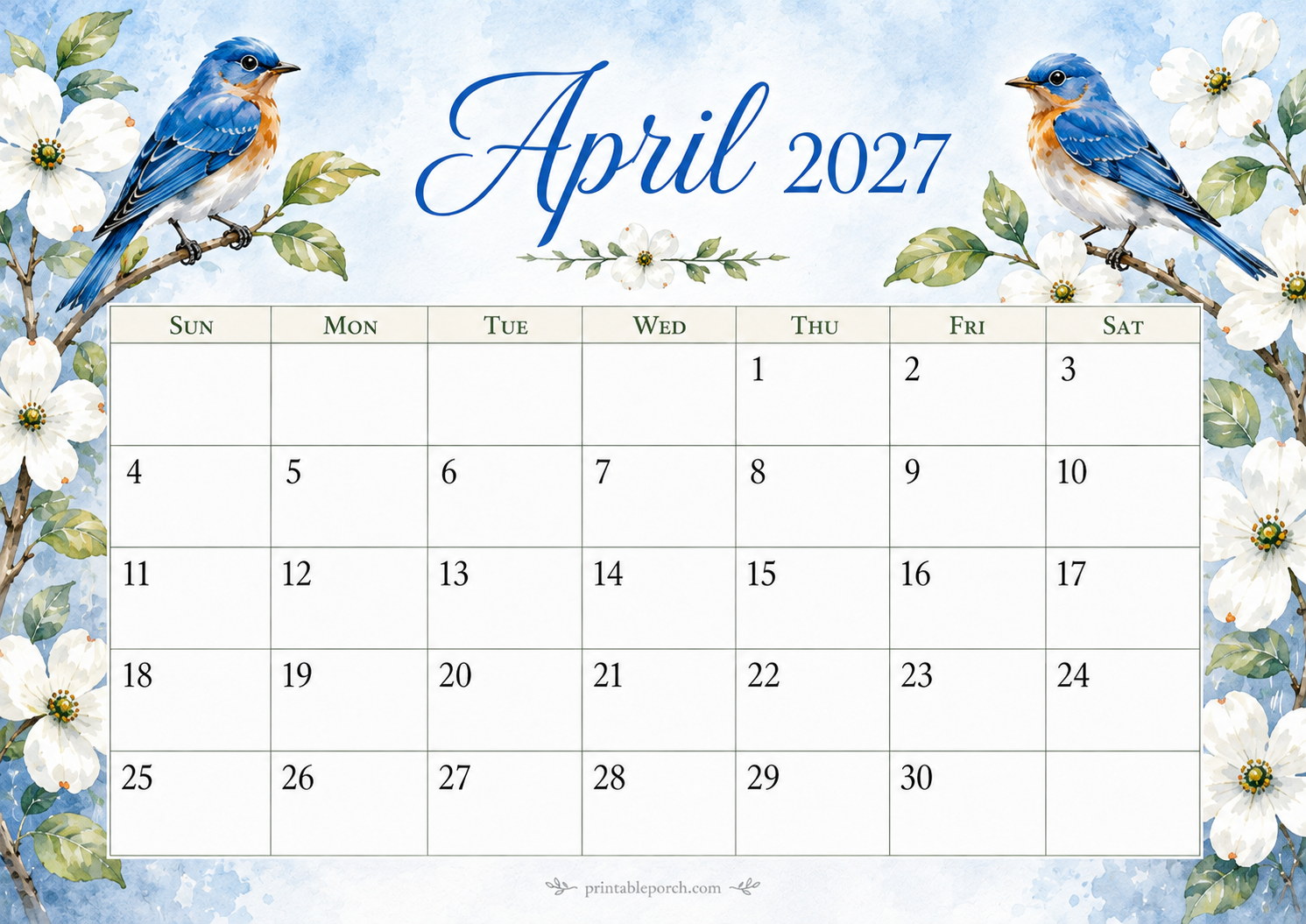 Watercolor Birds April 2027 Calendar