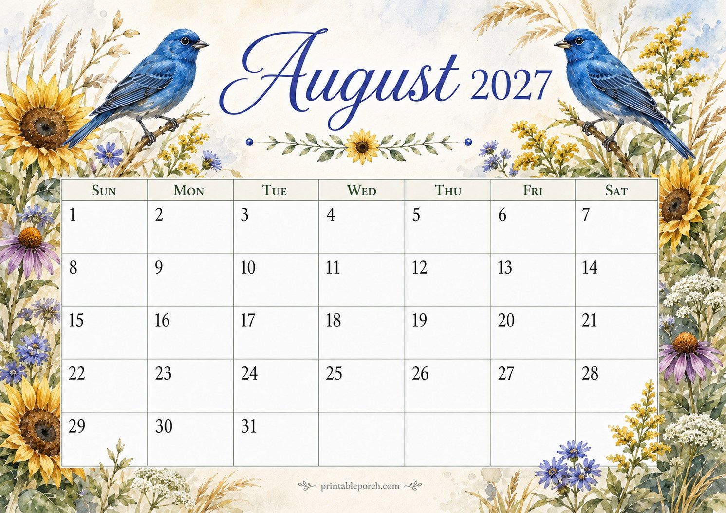 Watercolor Birds August 2027 Calendar