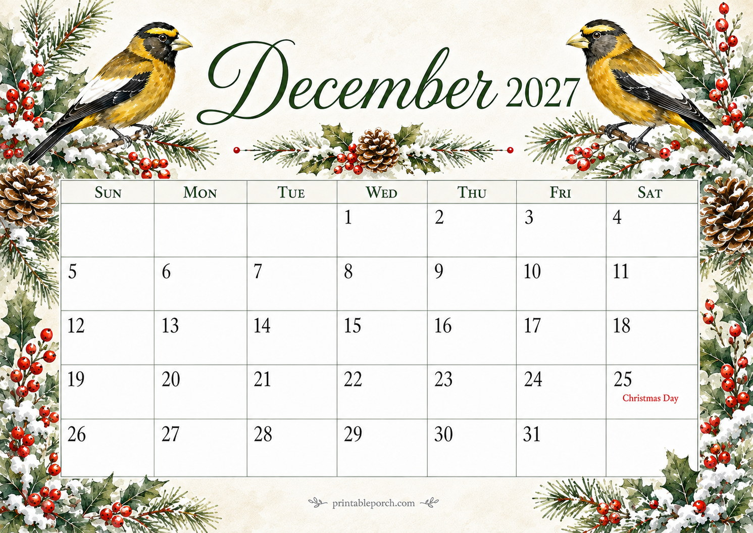 Watercolor Birds December 2027 Calendar