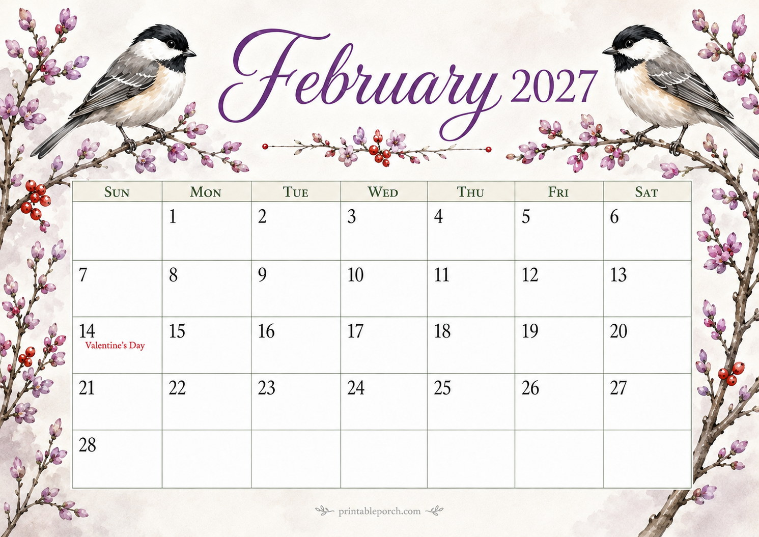 Watercolor Birds February 2027 Calendar