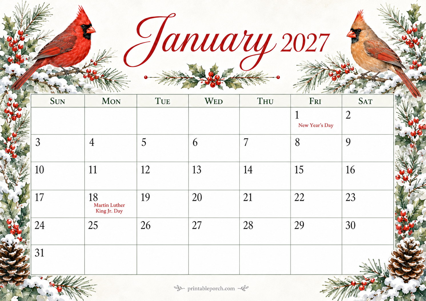 Watercolor Birds January 2027 Calendar