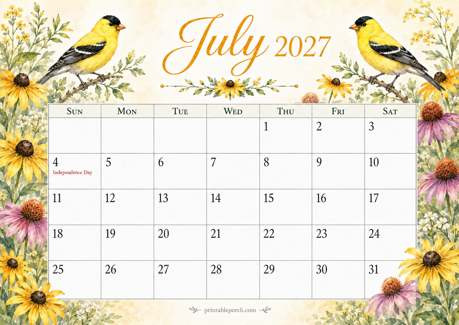 Watercolor Birds July 2027 Calendar