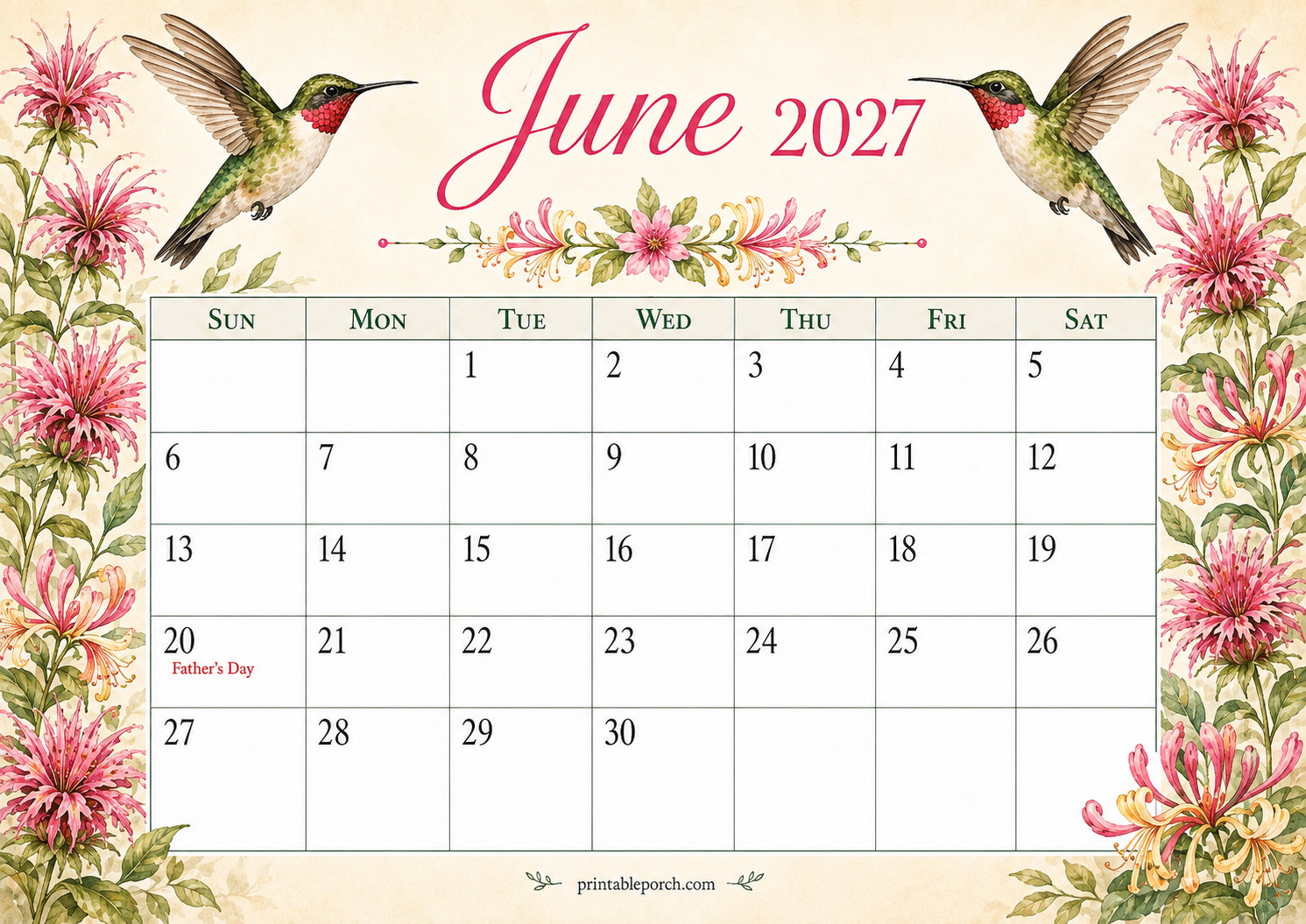 Watercolor Birds June 2027 Calendar