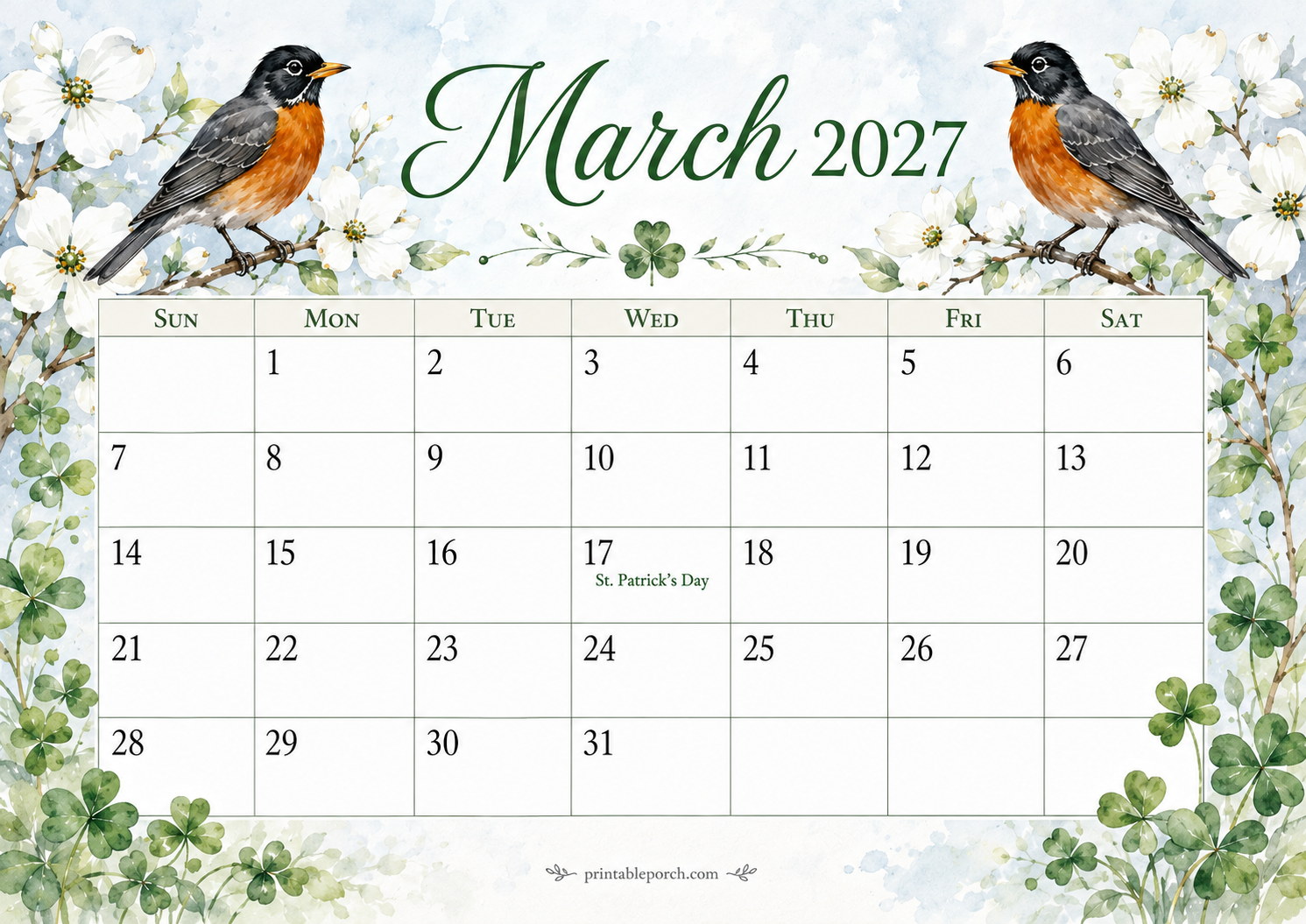 Watercolor Birds March 2027 Calendar