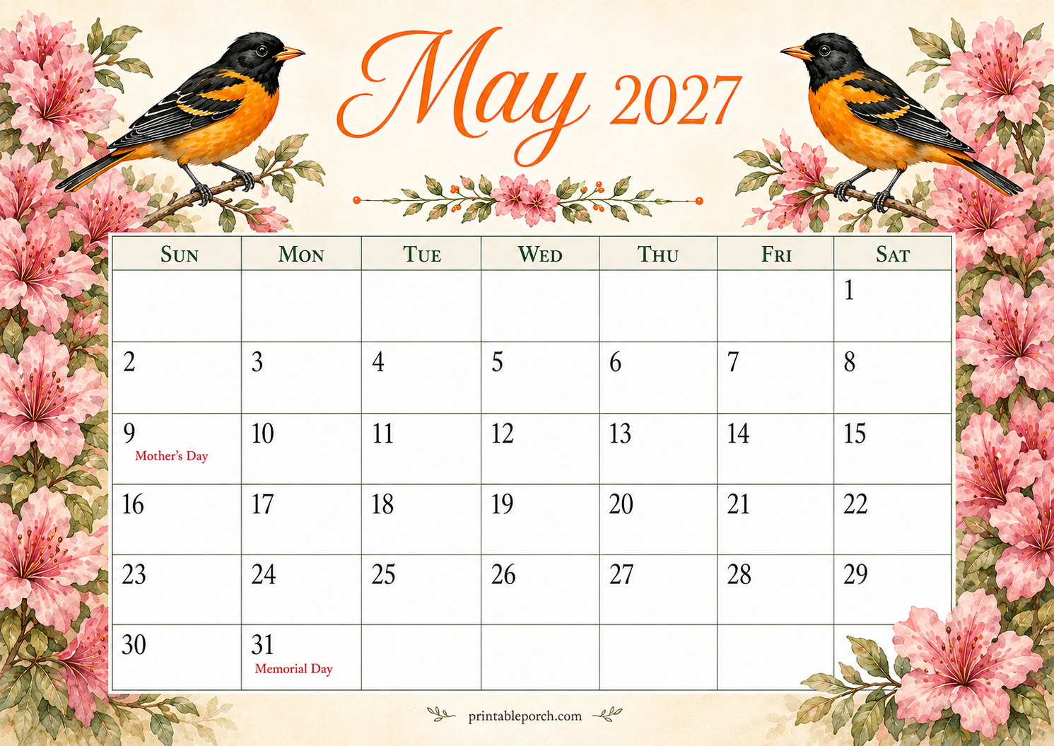 Watercolor Birds May 2027 Calendar
