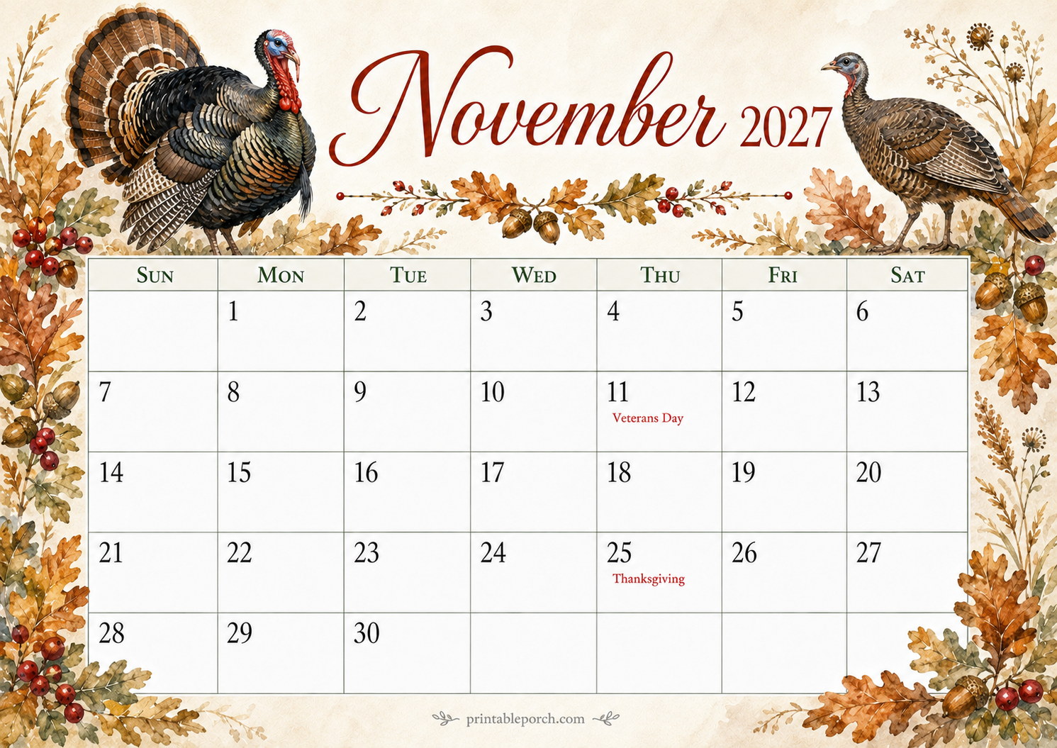 Watercolor Birds November 2027 Calendar