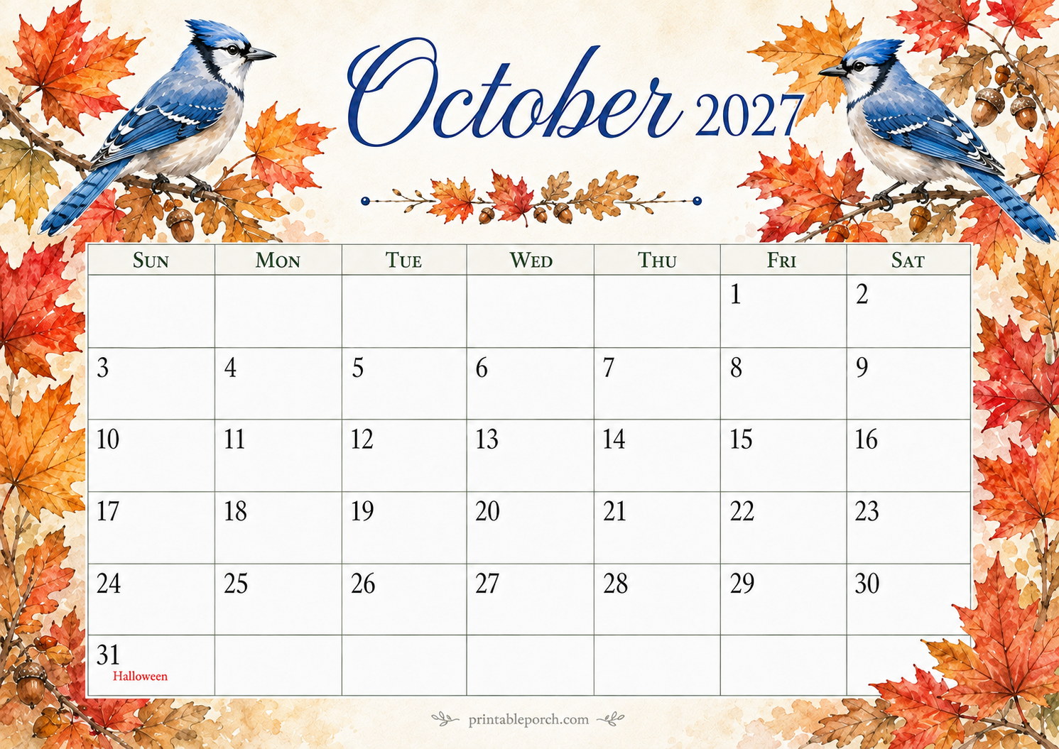 Watercolor Birds October 2027 Calendar