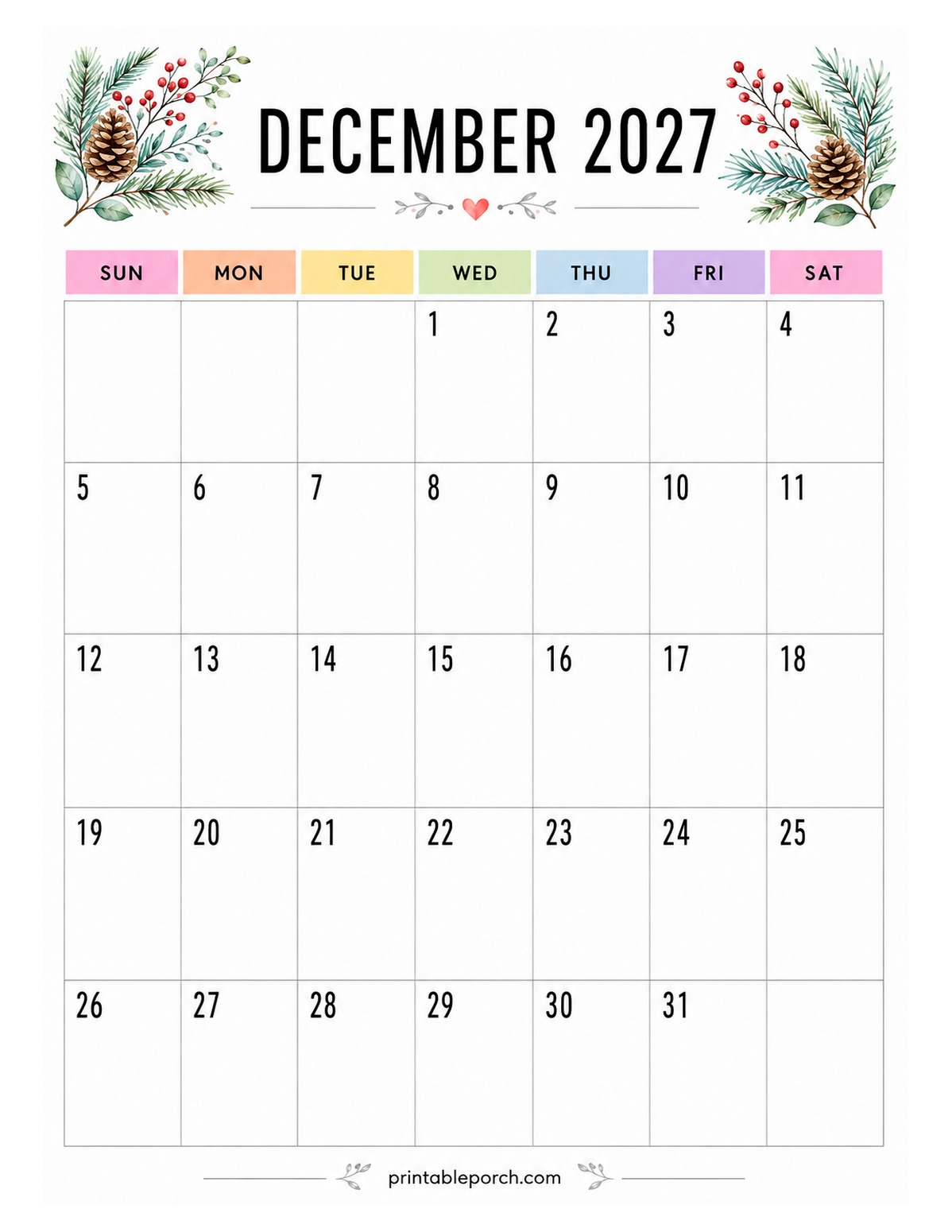 Watercolor Botanicals December 2027 Calendar