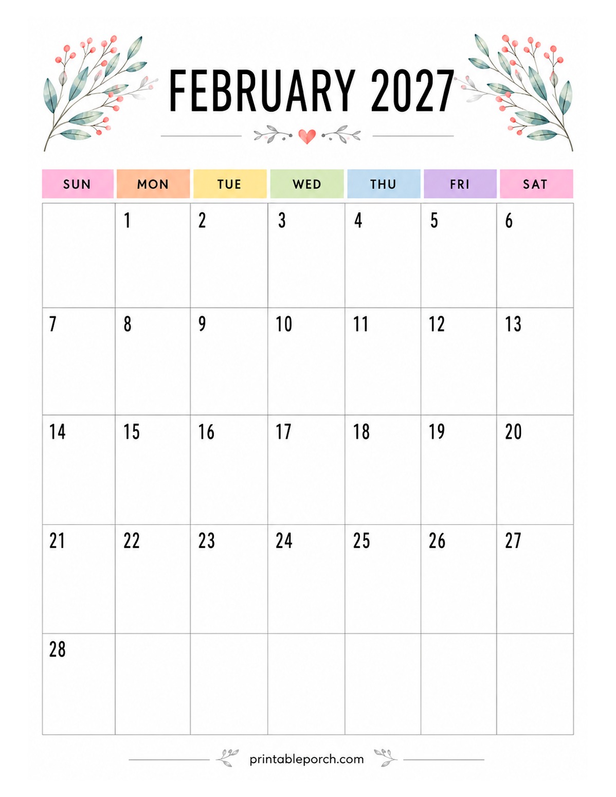 Watercolor Botanicals February 2027 Calendar