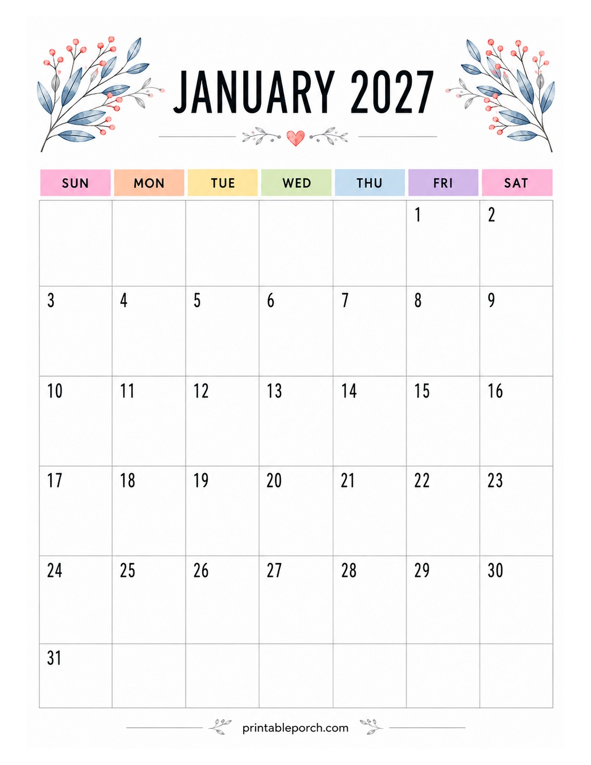 Watercolor Botanicals January 2027 Calendar