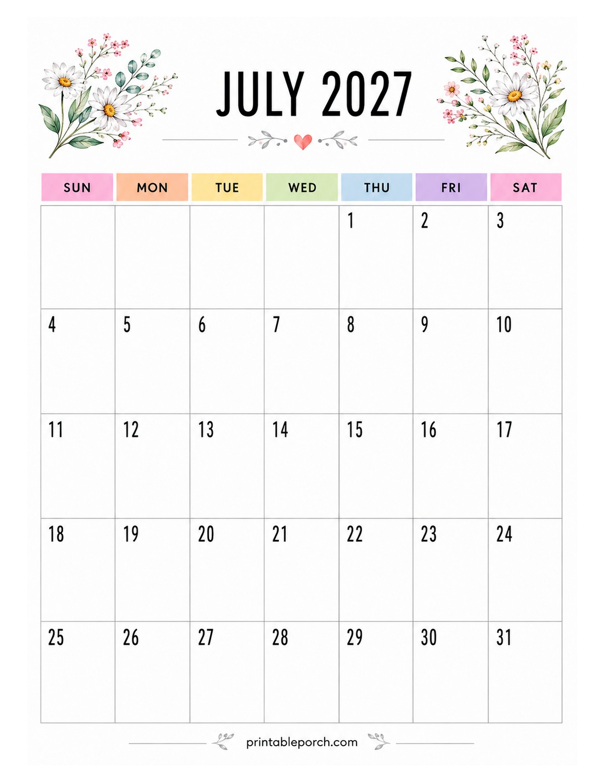 Watercolor Botanicals July 2027 Calendar