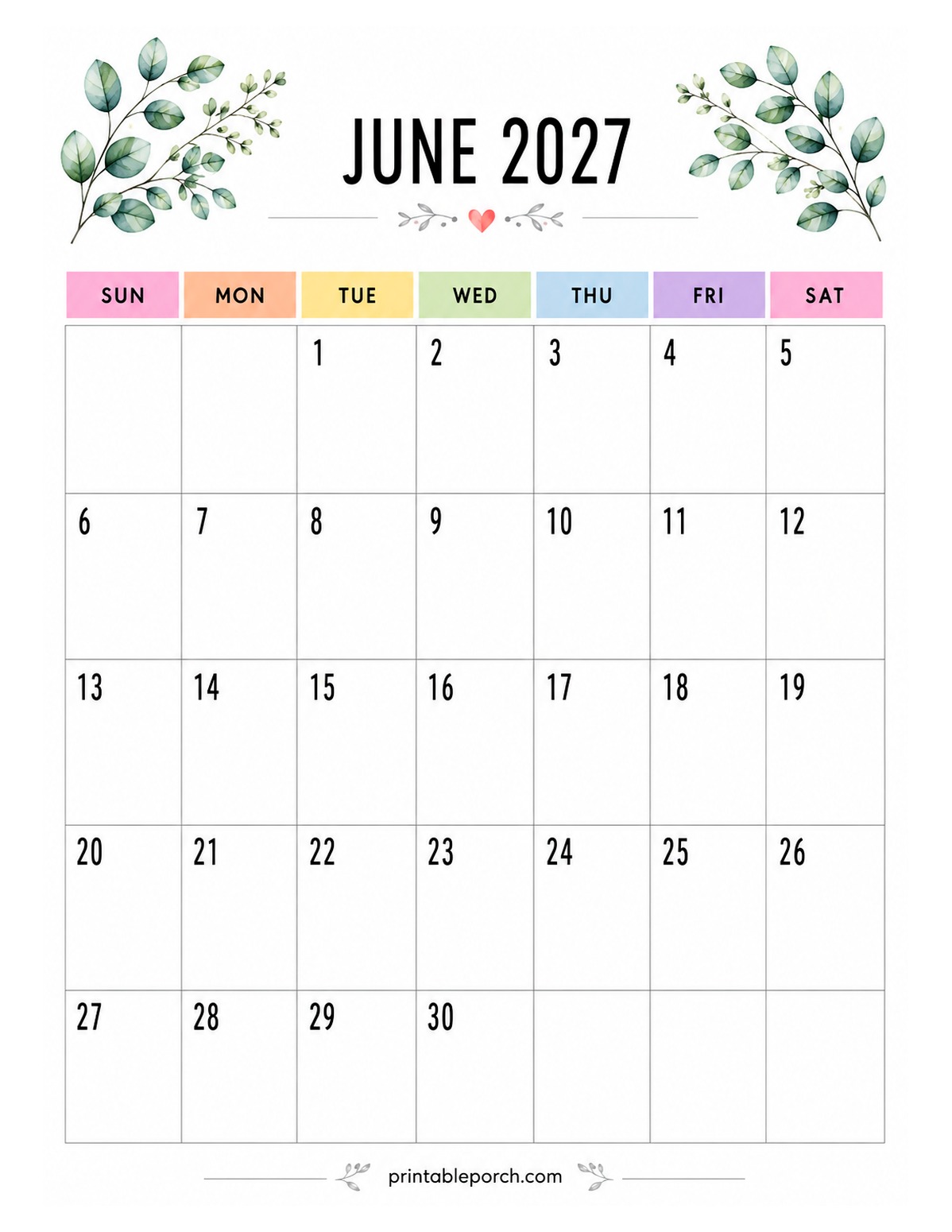 Watercolor Botanicals June 2027 Calendar