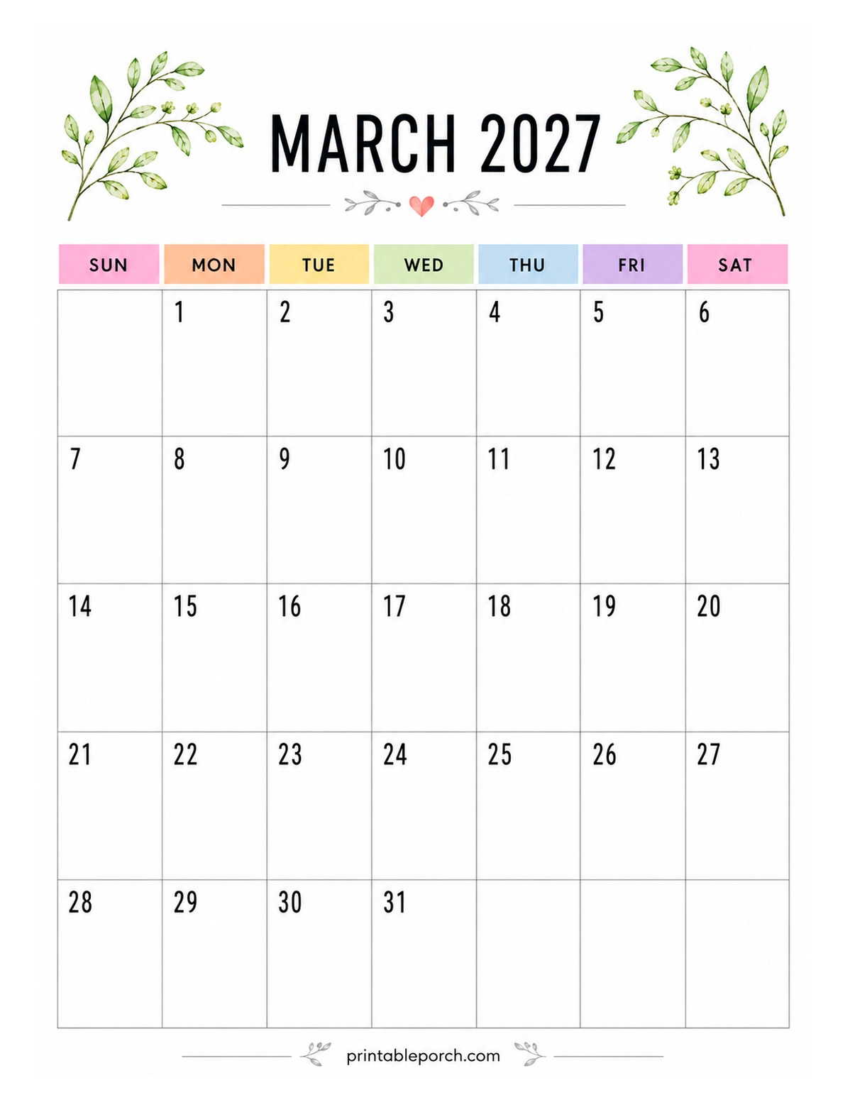 Watercolor Botanicals March 2027 Calendar