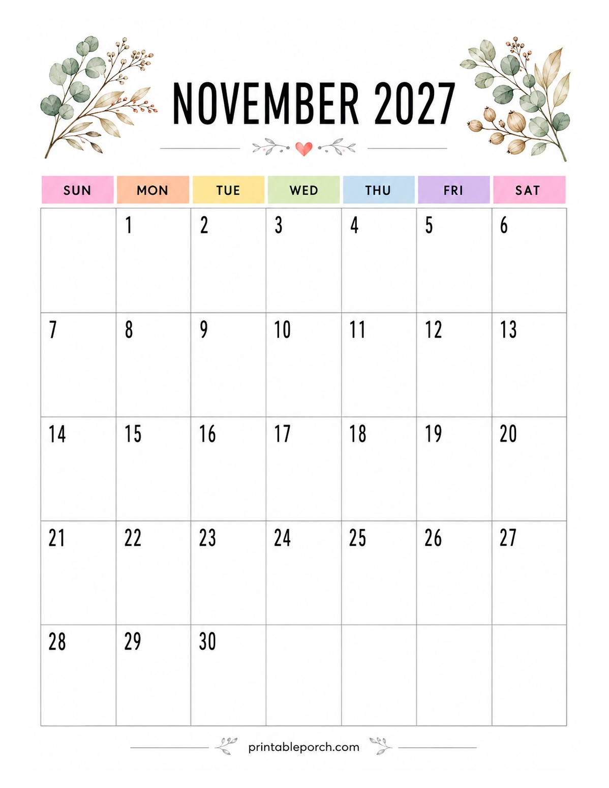 Watercolor Botanicals November 2027 Calendar