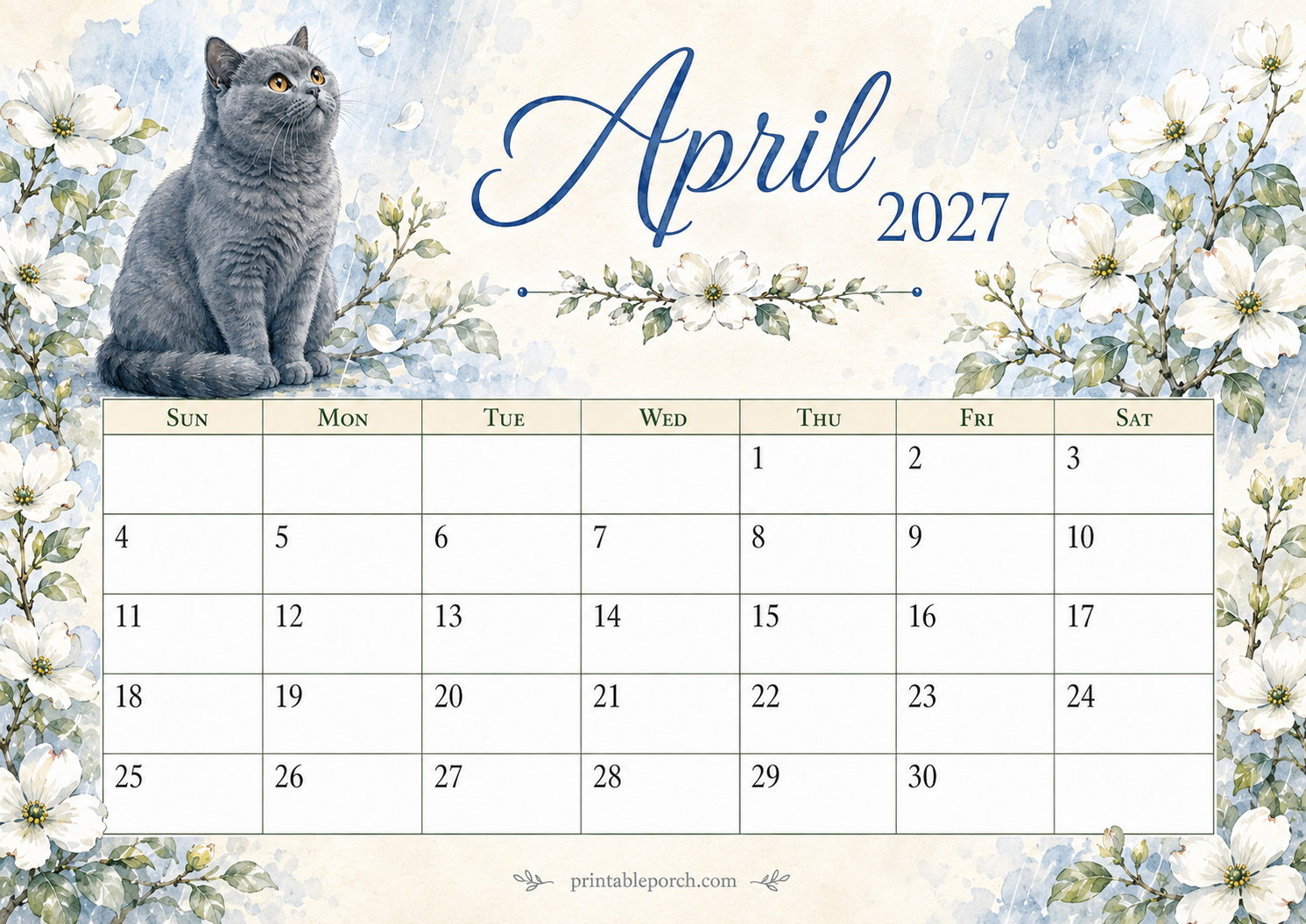 Watercolor Cats April 2027 Calendar