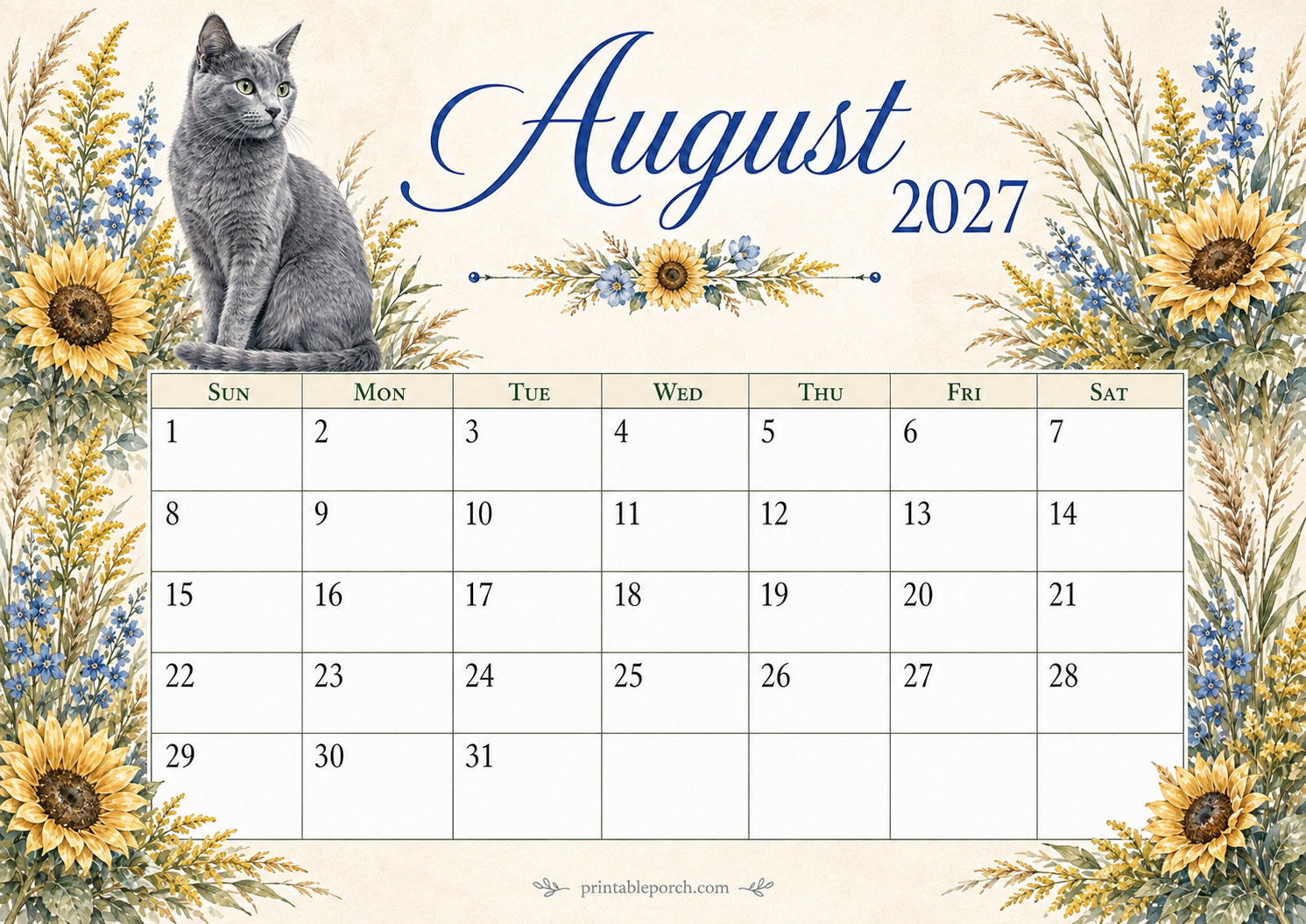 Watercolor Cats August 2027 Calendar