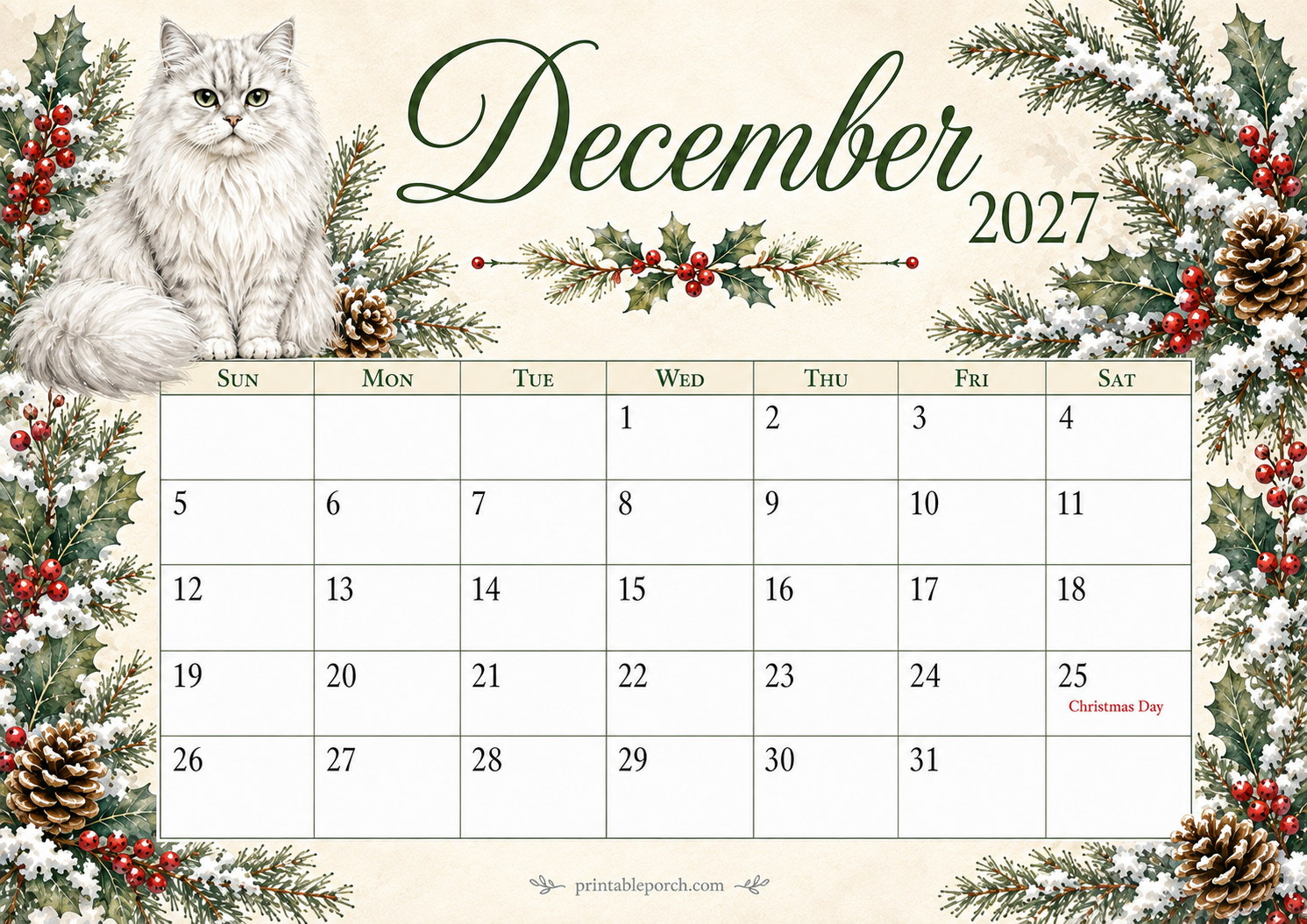 Watercolor Cats December 2027 Calendar