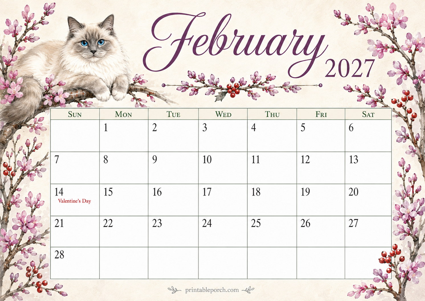 Watercolor Cats February 2027 Calendar