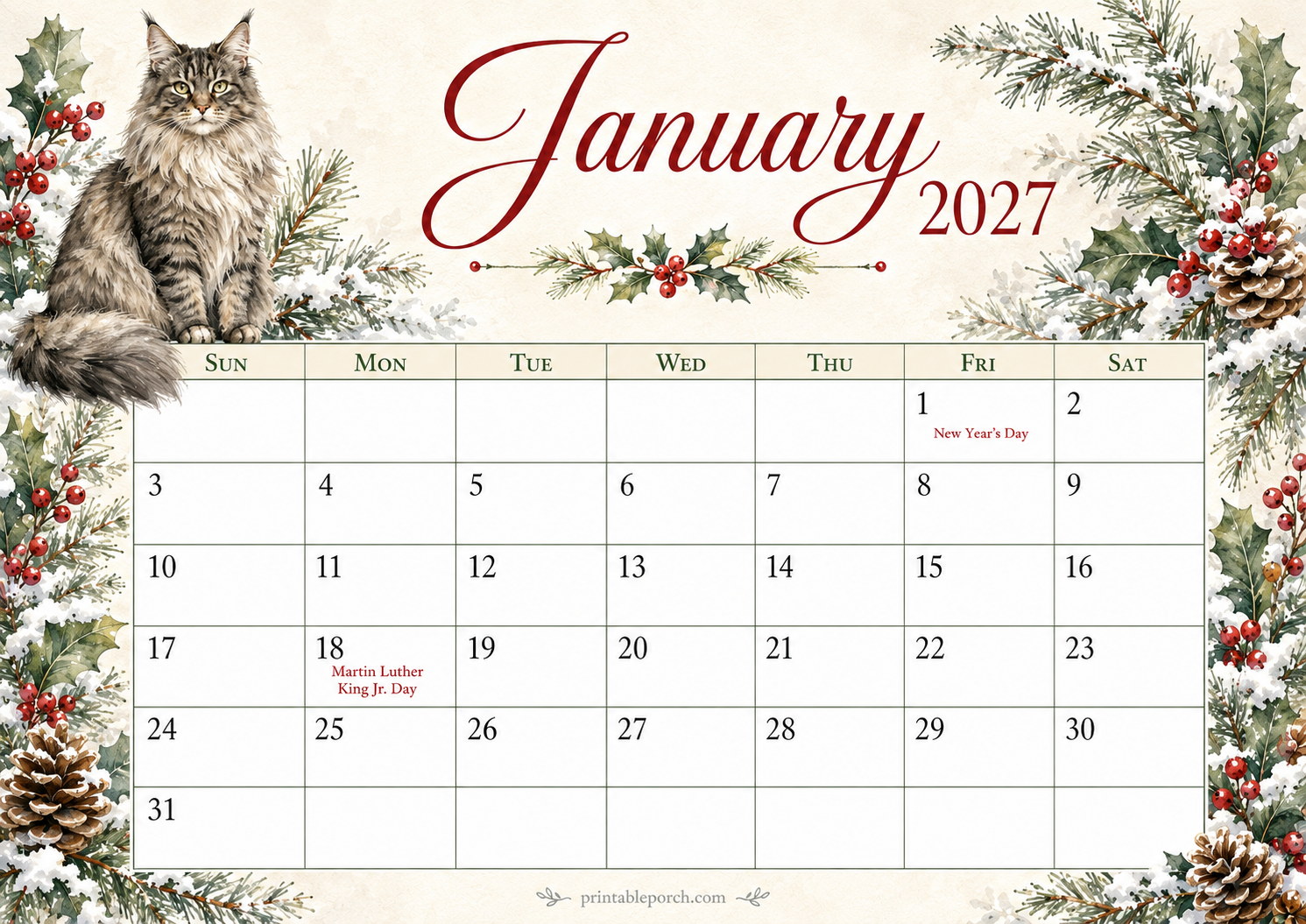 Watercolor Cats January 2027 Calendar