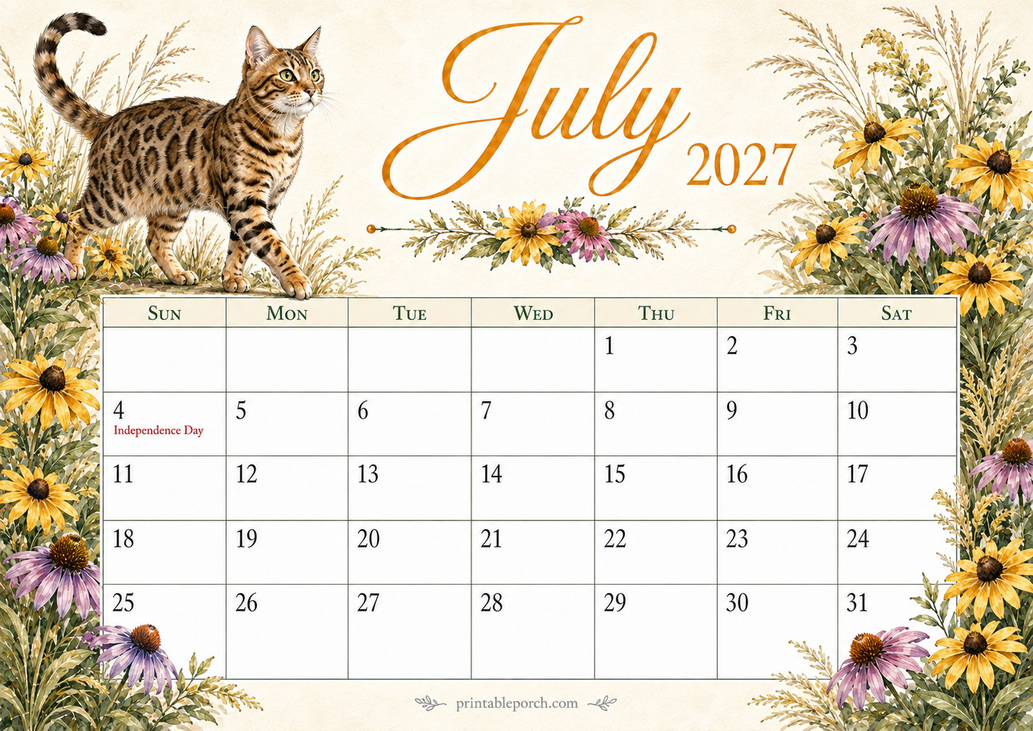 Watercolor Cats July 2027 Calendar