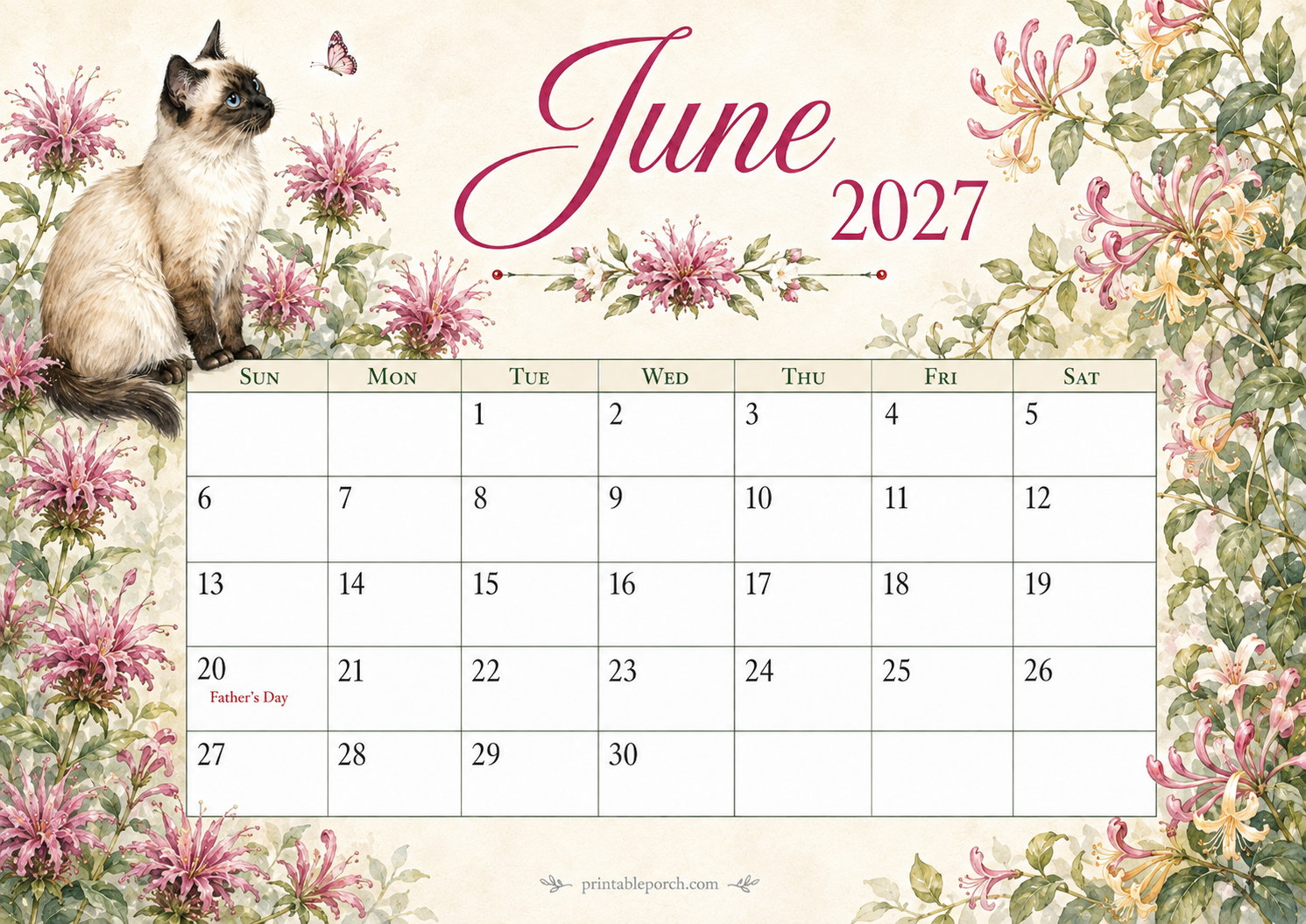 Watercolor Cats June 2027 Calendar