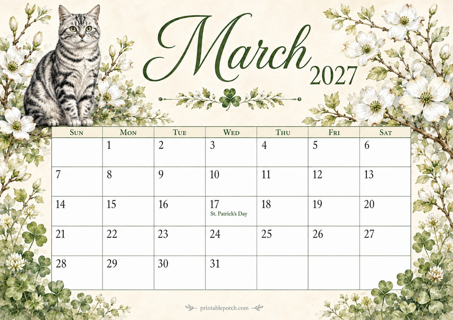 Watercolor Cats March 2027 Calendar