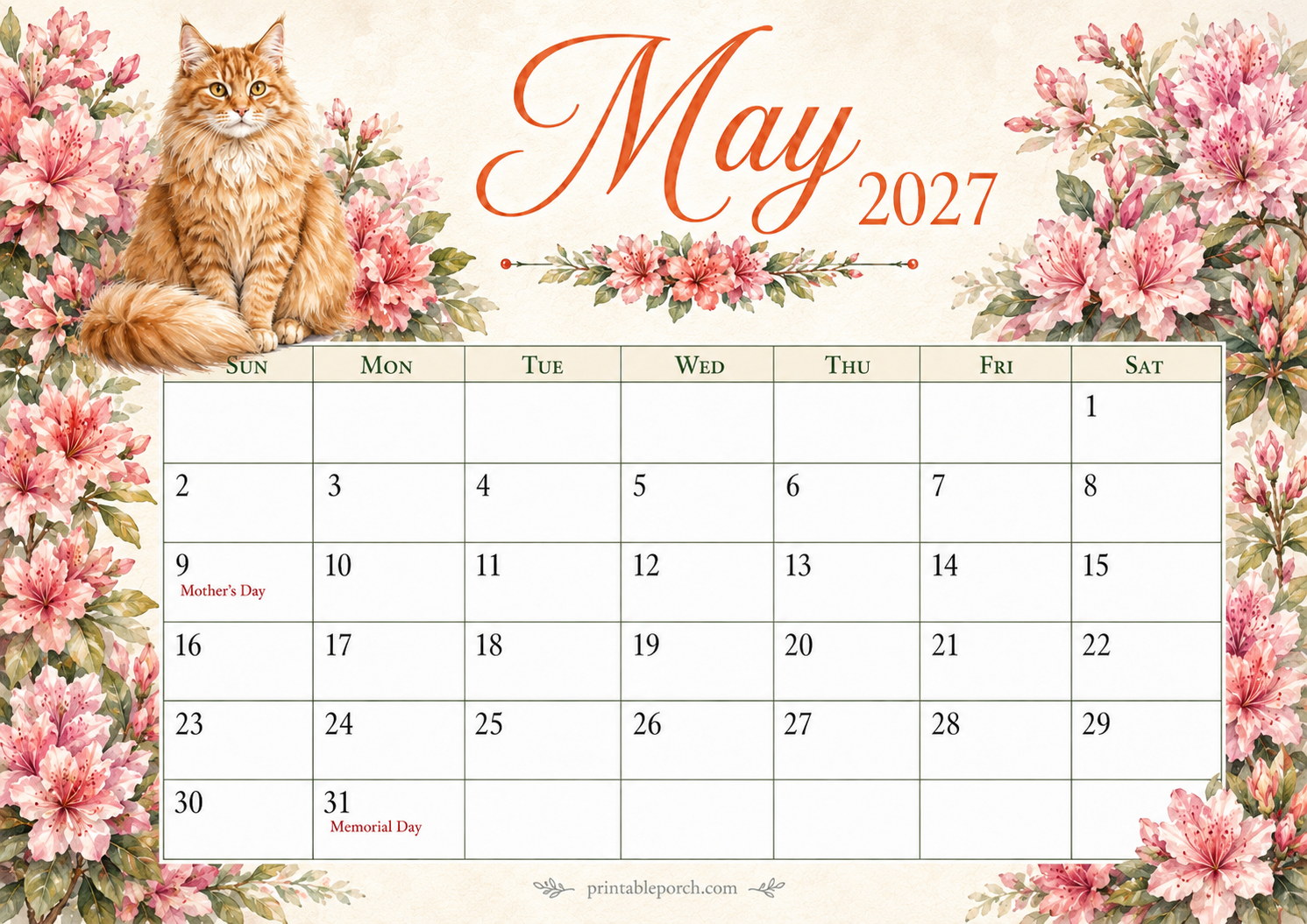 Watercolor Cats May 2027 Calendar