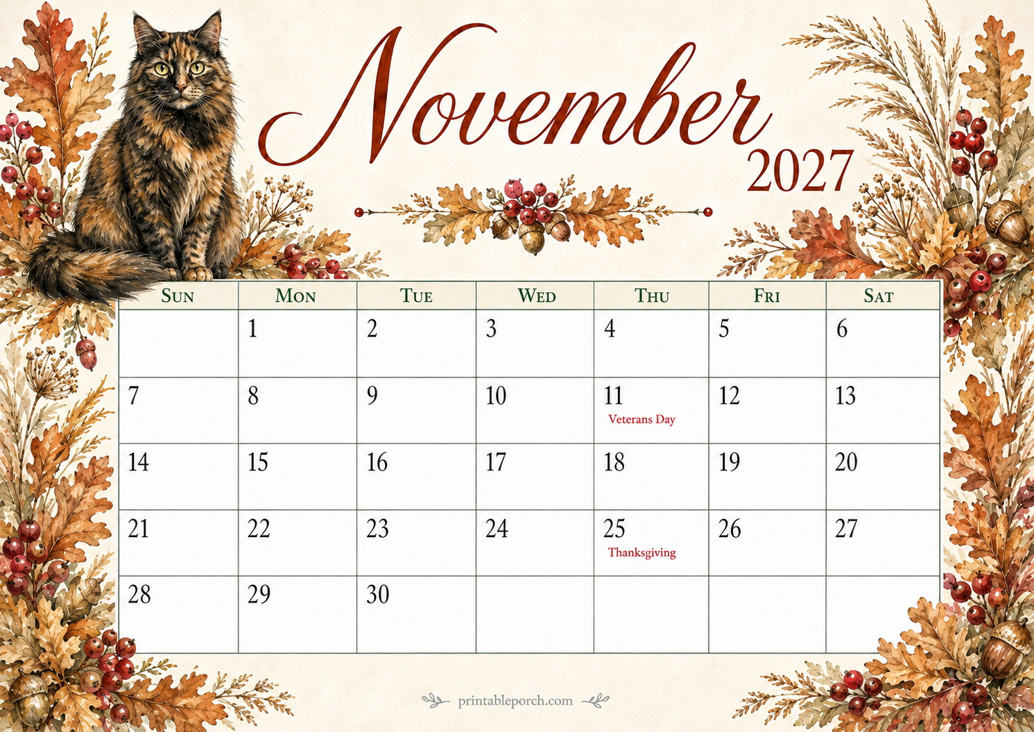 Watercolor Cats November 2027 Calendar