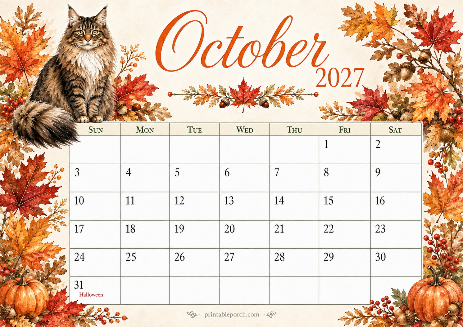 Watercolor Cats October 2027 Calendar