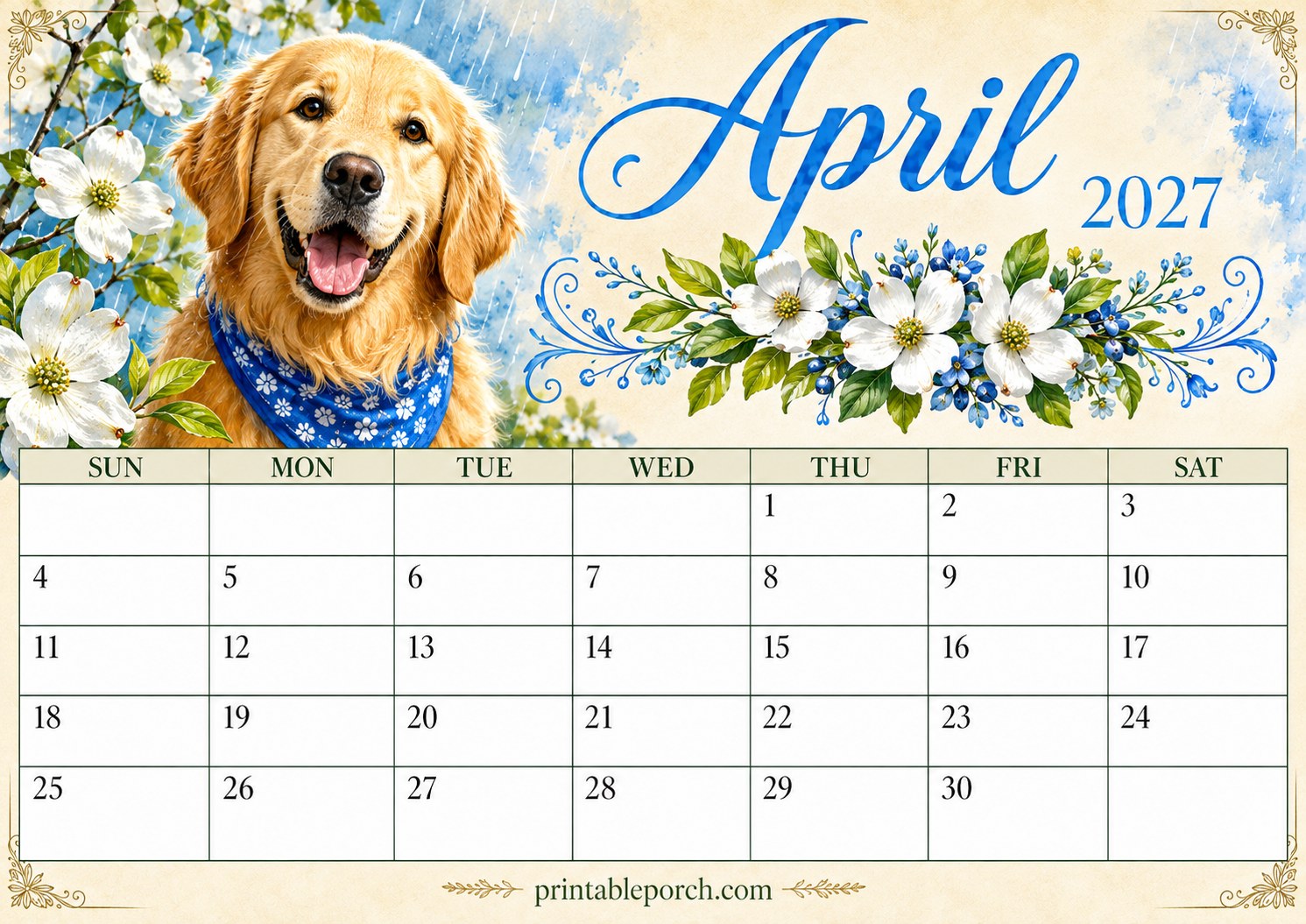 Watercolor Dogs April 2027 Calendar